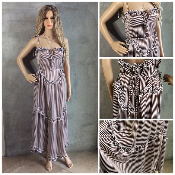 🌸 BOHO STRIPPED MAXI LONG DRESS RUFFLE DARLING - Picture 3 of 7